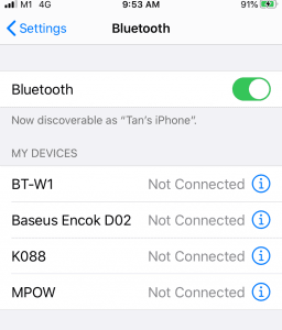 Bluetooth settings on an iPhone