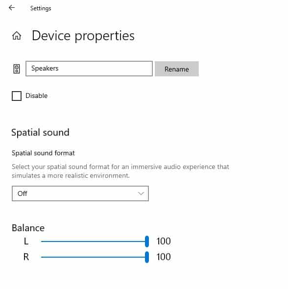 Audio settings on Windows 10